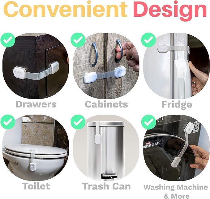 6-Pack Child Proof Locks for Cabinet Doors, Drawers, Fridge, Toilet Seat, Dishwasher, Trash Can, Cupboard - 3M - No Drilling - Child Safety Locks for Cabinets and Drawers - Baby Proofing Cabinets Lock