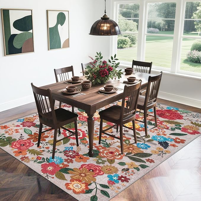 9x12 Area Rug for Living Room: Vintage Floral Washable Rug Soft Boho Non Slip Carpet Large Indoor Floor Non Shedding Low Pile Thin Carpets for Bedroom Dining Room Farmhouse Nursery Home Office Beige