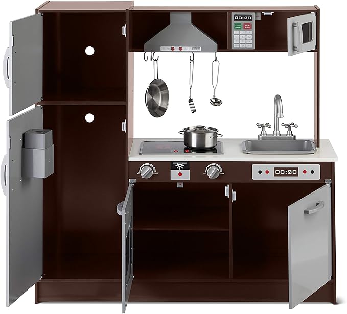 Amazon Basics Kids Upright Wooden Kitchen Toy Playset with Stove, Oven, Sink, Fridge and Accessories, for Toddlers, Preschoolers, Children Age 3+ Years, Espresso/Gray, 39x11.8x39''