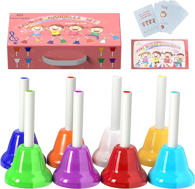 Hand Bells, 8 Note Musical Handbells Set with 17 Songbook Musical Toy Percussion Instrument for Toddlers Children Kids for Children's Day Family Activity School and Church (Upgraded Edition)