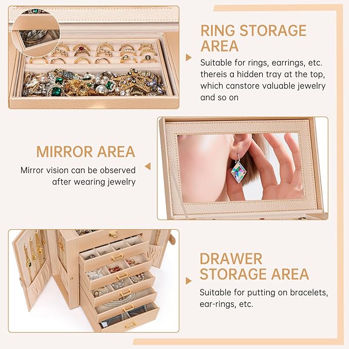 AKOZLIN 6-Tier Jewelry Box Organizer Functional 5 Drawers Leather Jewelry Storage Case for Women Girls Ring Necklace Earring Bracelet Holder Organizer with Mirror Champagne