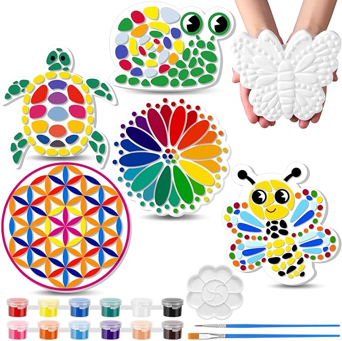 6 Pack Paint Your Own Plaster Stones - Kids Summer Arts and Crafts Garden Handprint Stepping Stone Painting Kit DIY Ceramic Craft Pottery Outdoor Painting Gifts for Kids Ages 4-12