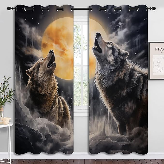 Fantasy Wolf Blackout Curtains for Boys Girl Bedroom Decor,Full Moon Starry Sky Wildlife Retro Thermal Insulated Grommet Drapes Darkening Window Curtain for Living Room Home 72x63 inch