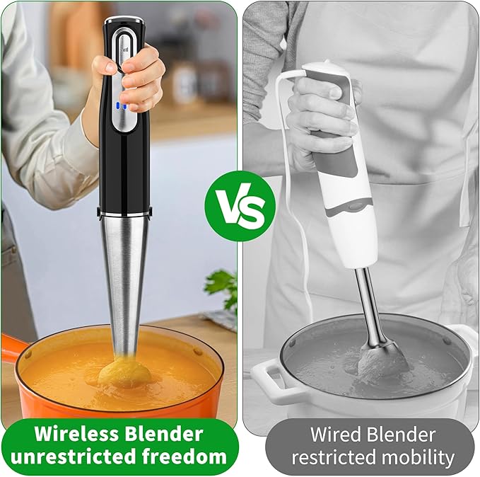 Cordless Immersion Blender Handheld, Rechargeable 4 In 1 Electric Hand Blender Stick Blender Variable Speed with Chopper, Beaker, Whisk, Stainless Steel Blade for Soup, Baby Food, Smoothies