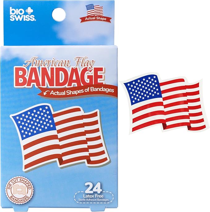 BioSwiss Bandages, American Flag Shaped Self Adhesive Bandage, Latex Free Wound Care, Fun First Aid Kit Supplies for Kids and Adults, 24 Count