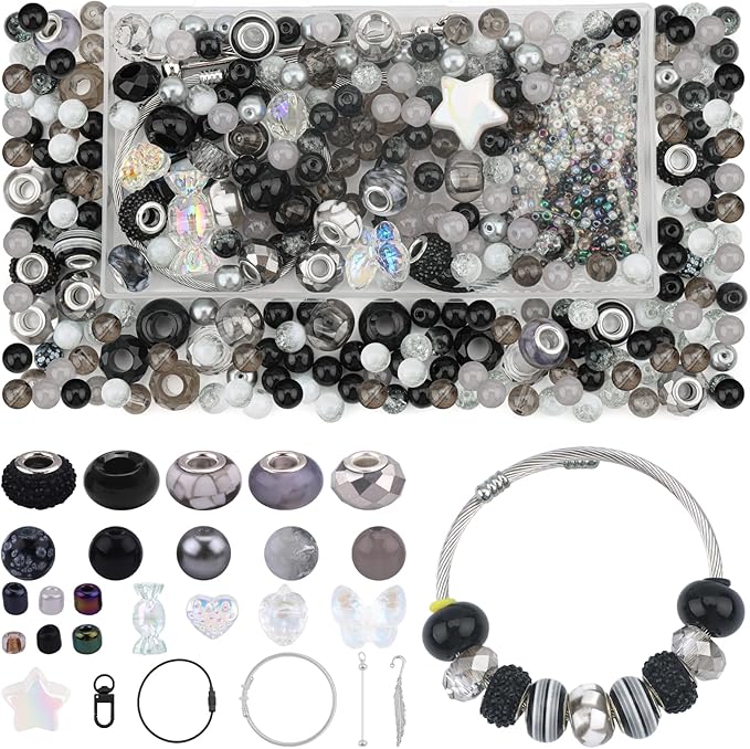 630pcs Beads for Bracelets Making Kit, European Large Hole Beads for Pens, 8mm Round Glass Beads with Charms Spacer Beads for DIY Bracelet Necklace Earring Jewelry Making (Black)