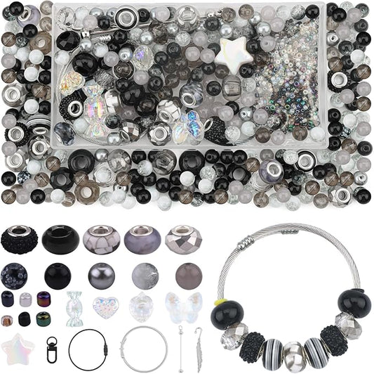 630pcs Beads for Bracelets Making Kit, European Large Hole Beads for Pens, 8mm Round Glass Beads with Charms Spacer Beads for DIY Bracelet Necklace Earring Jewelry Making (Black)