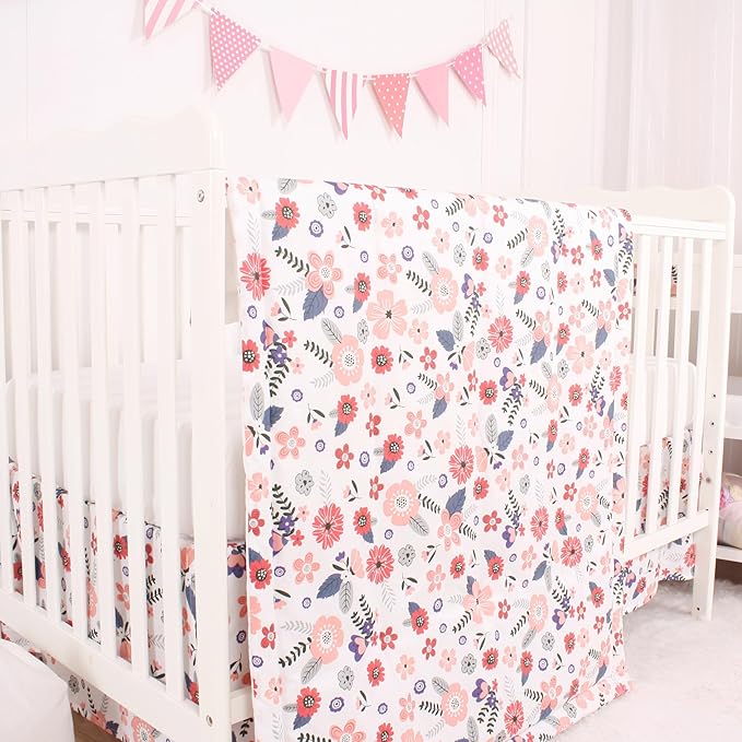CaSaJa Baby 3-Piece Crib Bedding Set for Boys Girls, Including Soft Quilted Comforter(Blanket), Fitted Crib Sheet and Skirt, Soft Nursery Bedding Set Made of Silky Comfy Materials, Petals Flying