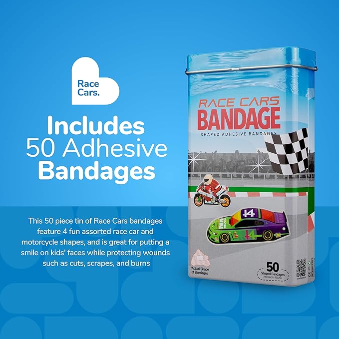 BioSwiss Bandages, Race Cars Shaped Self Adhesive Bandage, Latex Free Sterile Wound Care, Fun First Aid Kit Supplies for Kids and Adults, 50 Count