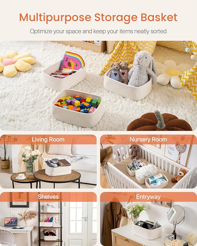 KALLAX Small Woven Basket, 12 x 8 x 4.5 Inches, Storage Basket for Organizing, Cute Small Rope Shelf Closet Cube Storage Bins Baskets for Shelves, Dog Toy Gift Baskets Empty, 3 Packs, Off White