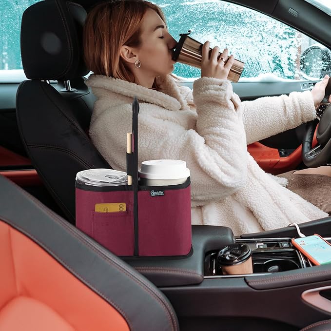 Beautyflier Drink Carrier with Handle for Delivery Reusable Insulated Coffee Cup Carrier Portable 2 Cup Holder with Handle Organizer Tote Bag for Hot & Cold Drinks, Red