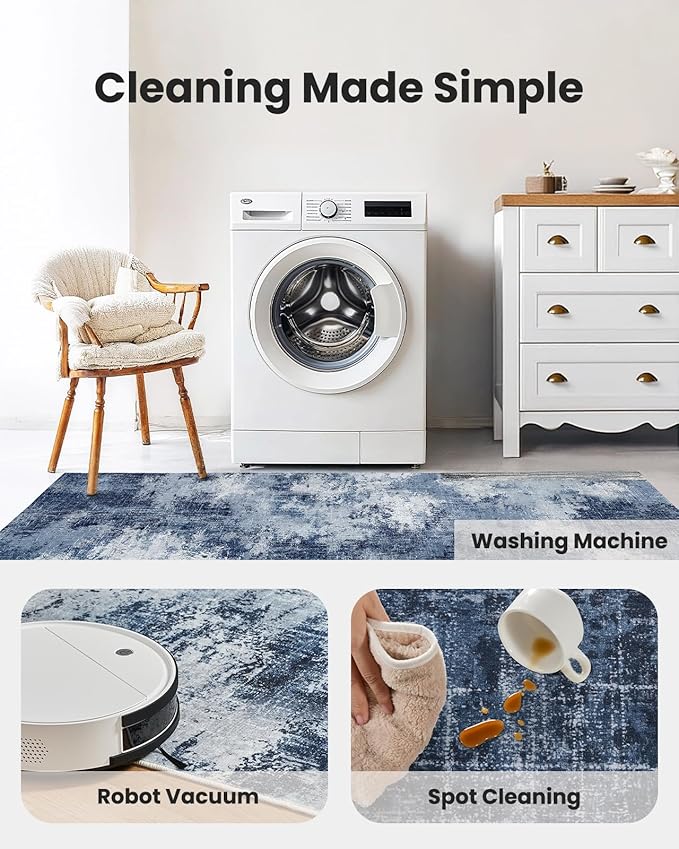 Amada 9x12 Large Area Rugs, Modern Living Room Rugs with Non-Slip Backing & Short Pile, Washable Rug with Abstract Pattern for Living Room, Bedroom and Dinning Room, Dark Blue