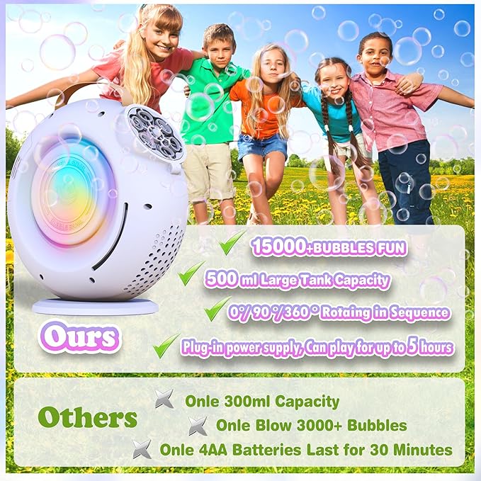 Bubble Machine, Automatic Bubble Maker Rechargeable, 15000+ Big Bubbles per Min, Colorful LED Lights, 90° 360° Rotatable Portable Electric Bubbles Toy for Kids Toddlers, Outdoor Wedding Party Gifts