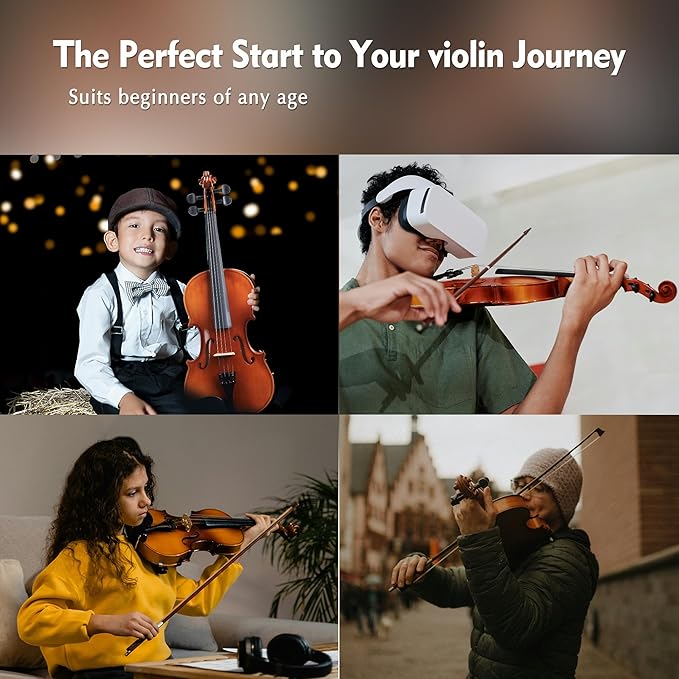 ADM 4/4 Full Size Wood Violin Set for Kids Teens Students Adults Beginner Acoustic Violin Matte Fiddle Starter Kit with Hard Case, Rosin, Shoulder Rest, Bow, Clip-on Tuner and Fingerboard Sticker