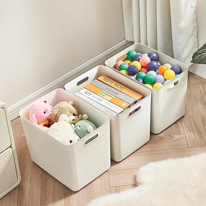 4 pack large plastic White storage bins Baskets, Toy Box Chest with Lids and Handle，Organizer Containers for Baby，Kids,snacks,Nursery，Shelves，Playroom, Bedroom，Office,Closet，home