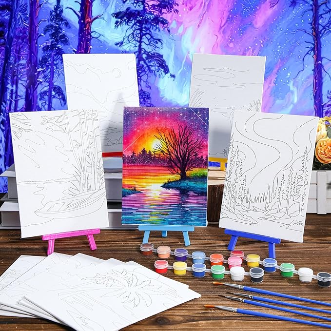 Blosssound 10 Set Pre Printed Canvas Pre Drawn Canvas Painting with Easel Kits 5" x 7" Outline Painting Panels for Beginners, DIY Craft Project, Party Favor, Home Decors(Dream Sky)