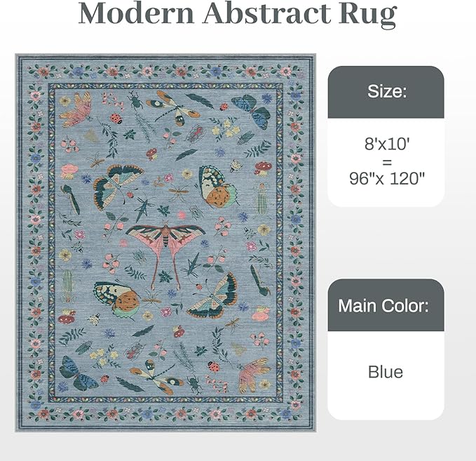 8x10 Area Rugs with Insect Print - Bug Rug Non-Shedding Stain Resistant Soft Carpet for Bedroom, Low Pile Ultra-Thin Machine Washable Carpet for Dining Room, Kids Nursery, Office (8'x10' Blue)