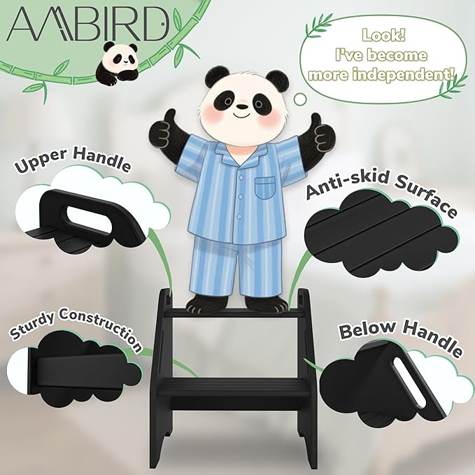 AMBIRD Wooden Step Stool, 15.75'' H Potty Training Toddler 300 lbs Capacity with Safety Non-Slip Pads and Handles, Step Stools for Kids, Bamboo 2-Step Stool for Bathroom, High Beds (Black)