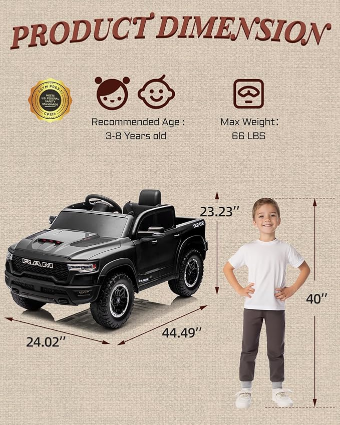 12V Licensed Ram 1500 Ride on Toy for Kids, Toddler Ride on Pickup Truck with Parent Remote Control, Electric Car for Kids with Truck Bed Storage, 3 Point Safety Belt (Black)