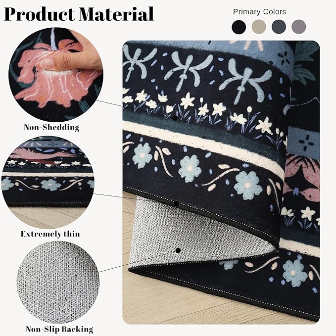 Area Rugs 8x10 for Living Room Clearance Washable Vintage Floral Botanical Rug Non Slip Low Pile Large Rug for Bedroom, Farmhouse, Dining Room, Kids Playroom, Black