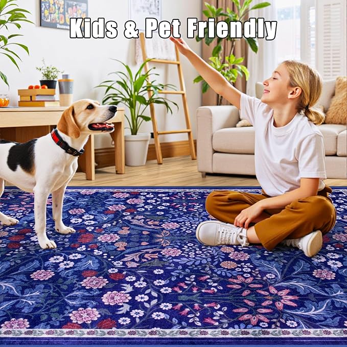 6x9 Area Rugs for Living Room: Floral Washable Rug Vintage Large Soft Boho Non-Slip Carpet Indoor Floor Stain Resistant Thin Carpets for Bedroom Dining Room Farmhouse Nursery Hallway Home Office Blue