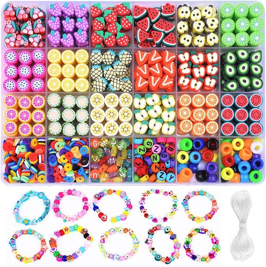 1000PCS Polymer Clay Beads Bracelet Making kit, 24 Style Cute Fun Beads Fruit Beads Charms for Jewelry Necklace Earring Making DIY Accessories for Women Girls