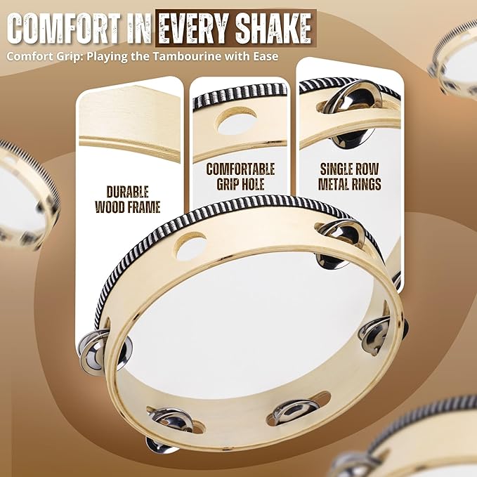 Flexzion Wood Handheld Tambourines - 8 and 6 Inch Set of 2 Pack, with Single Row Metal Jingle Bell (Wood) Hand Held Tambourine Percussion Drum Moon Musical Instrument