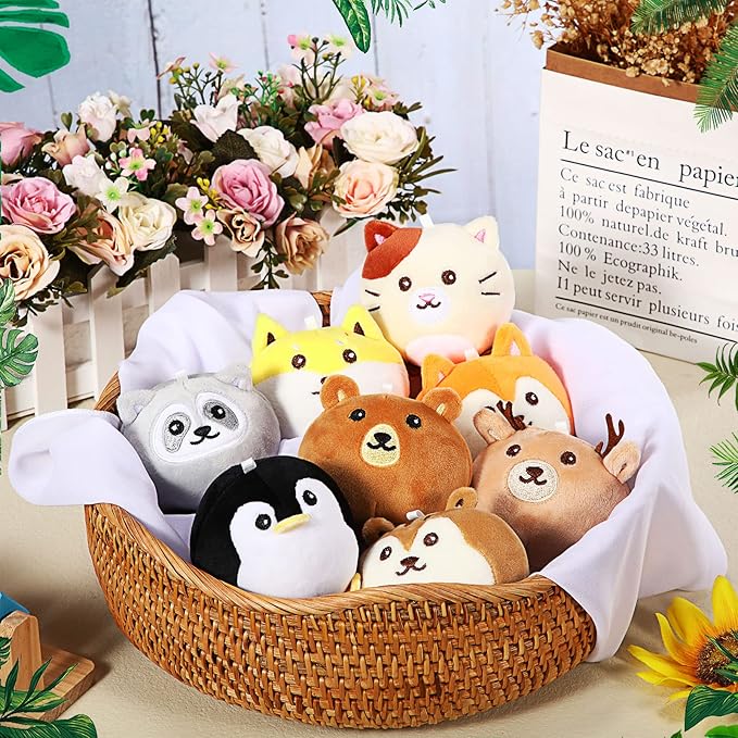 Aoriher 8 Pcs Mini Woodland Animals Plush Toys 3.15 Inch Soft Stuffed Animals Ornaments Bulk Colorful Woodland Keychain for Birthday Baby Shower Party Decors Classroom Prizes(Regular Style)