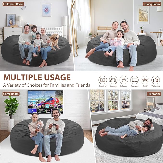 7FT Bean Bag Chair, Large Bean Bag Chairs with Memory Foam Filled, Fluffy Beanbag Sofa with Dutch Velvet Cover, Round BeanBag Chairs for Living Room, Playroom - Grey