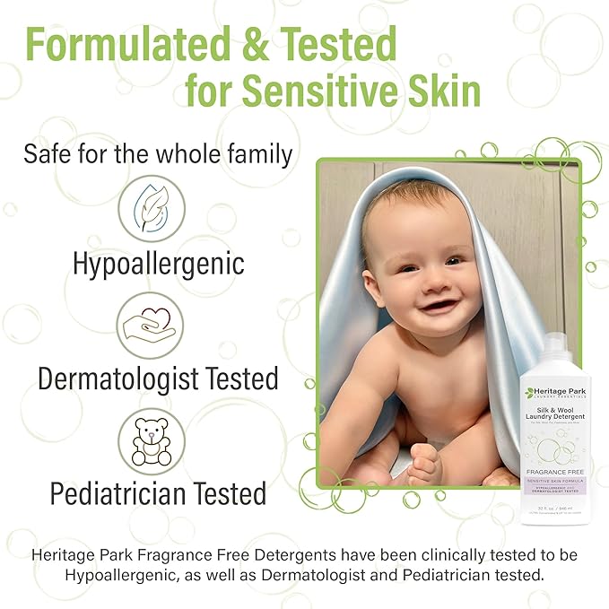 Heritage Park Silk & Wool Fragrance Free, Hypoallergenic, pH-Neutral Laundry Detergent – Dermatologist-tested, Sensitive Skin-Friendly, Enzyme-Free, Concentrated Up to 64 loads (32 fl oz)