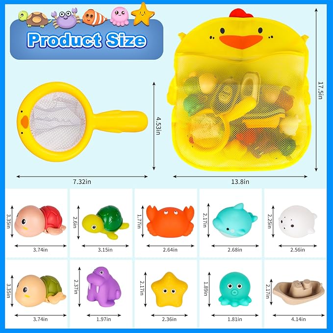 Mold-Free Baby Bath Toys Set 16 Pcs (2 Wind-Up Turtles, 7 No-Hole Sea Animals, 5 Stackable Boats, Fishing Net & Storage Bag) – BPA & Phthalate-Free, Ideal Water Table Baby Pool Toys for Kids Ages 1-3