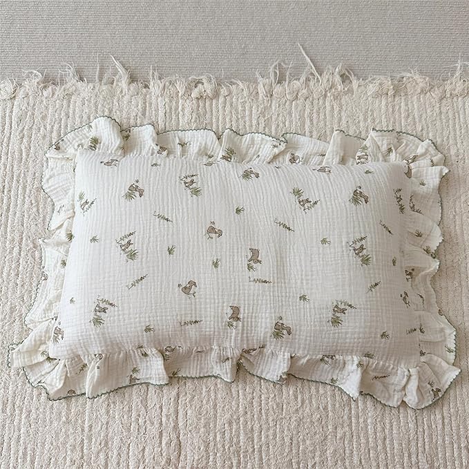 BuLuTu Muslin Toddler Pillowcase for Crib Cot Cradle, Soft Thin Kids Pillow Cover for Girls Boys, Children Pillow Cover for Sleeping with Cute Rabbit Print,14"x20", Envelope Closure