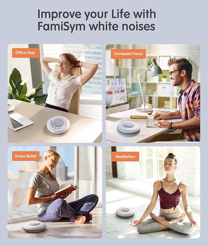 FamiSym White Noise Sound Machine,28 Soothing Natural Sounds 32 Level Volume 3 Timer Memory Function,Rechargeable Battery,Sleep Sound Machine for Baby Kids Adults