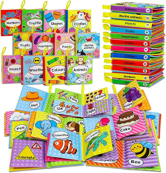OKOOKO 12PCS Soft Baby Books, Soft Cloth Books, Bath Toys, Crinkle Washable Non-Toxic Early Education Preschool Learning Toy for Newborns Babies Infants Toddlers Kids