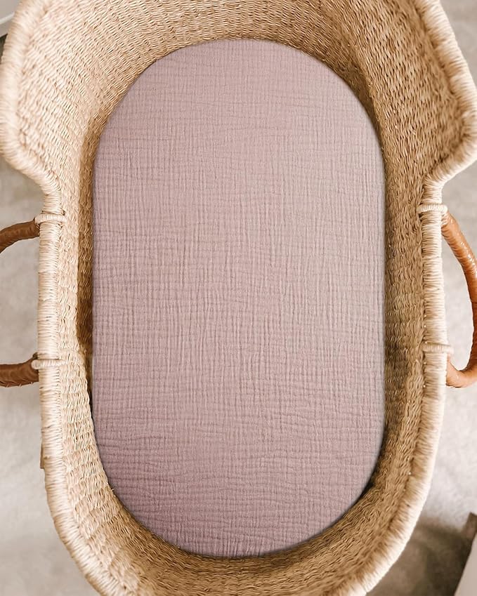 Bassinet Sheet for Baby Boy and Girl, Fitted Sheets for Rectangle, Oval, Hourglass Bassinet Mattress, Muslin Moses Basket Sheets with Neutral Style (Vintage Taupe)