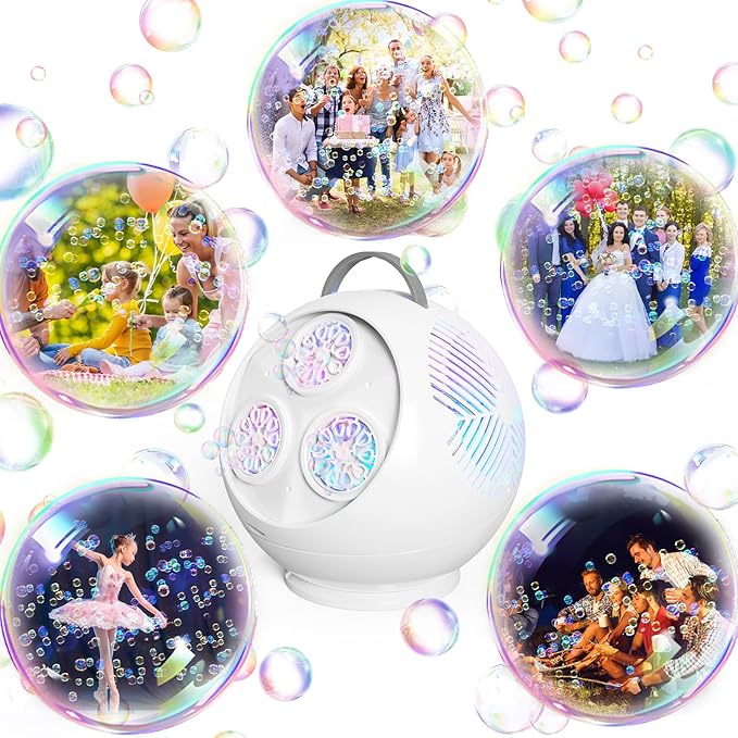 Bubble Machine Automatic Bubble Blower for Kids Toddlers Rechargeable Portable Spherical LED Bubble Maker Electric Auto Rotating 45°/360° Outdoor Toy Birthday Party Wedding (Spherical White)