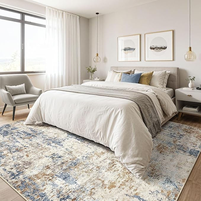 8x10 Area Rugs Washable Rug: Large Abstract Modern Soft Stain Resistant Indoor Floor Non Slip Accent Carpet for Living Room Bedroom Nursery Playroom Office Dining Room Dorm Home House Decor- Tan