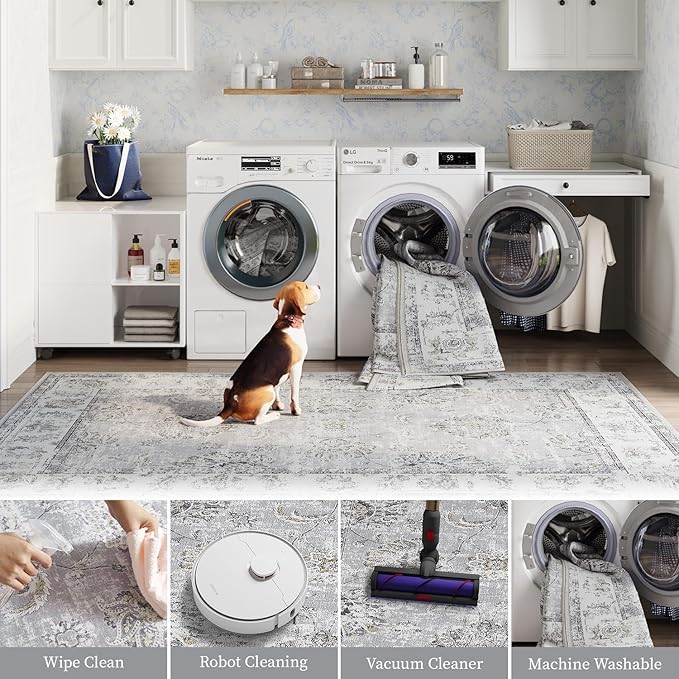 jinchan Hallway Runner Rug 2x10 Machine Washable Runner Rug Grey Vintage Floral Design Non-Slip Ultra-Thin for Kitchen Laundry Room Bedroom Farmhouse (2‘x10',Grey)