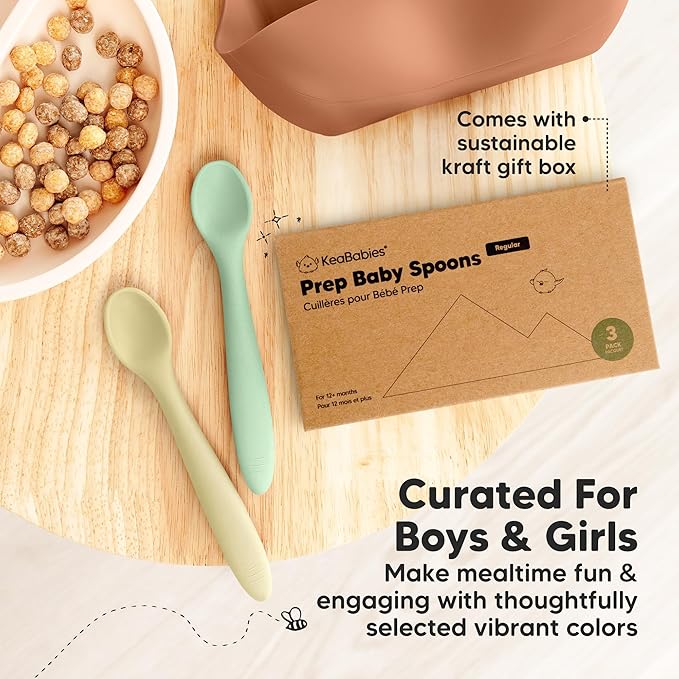 KeaBabies Silicone Baby Spoons, Self Feeding 6-12 months - 3-Pack Baby Weaning Eating Utensils,Toddler First Food Training Spoon,Infant,Kids Feeding Supplies Essential Set,Dishwasher-safe (Pastel Sky)