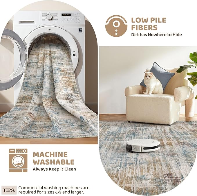Area Rug for Living Room: 7x9 Washable Neutral Abstract Modern Soft Rugs Non Slip Indoor Floor Stain Resistant Large Carpet for Bedroom Dining Room Office Nursery - Blue Brown