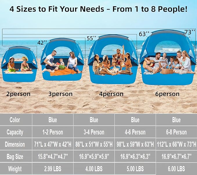 Beach Tent, Portable Sun Shelter for 2/3/4/6-8 Person with UPF 50+ UV Protection, Easy Setup Waterproof Beach Shade Canopy Cabana for Family Outdoor and Picnics, Fishing with Carrying Bag