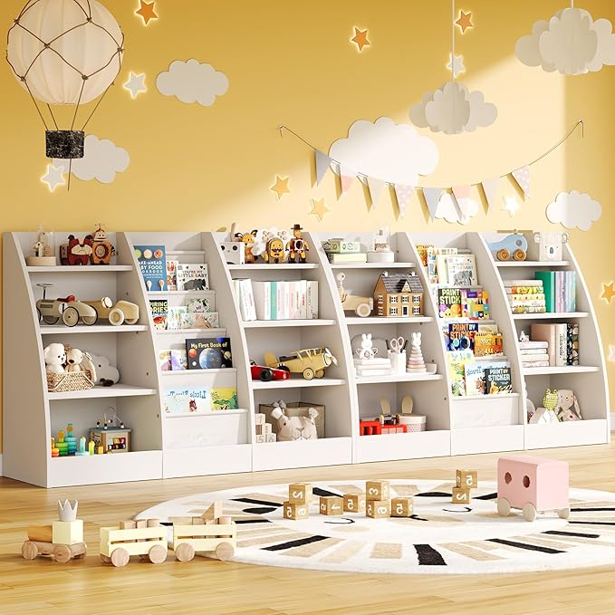 4 Tier Kids Bookshelf Set of 2, 4 Layer Sling Kids Book Shelf for Kids Rooms, XL Wood Children Bookcase,Baby Storage Book Rack,Toddler Bookshelf, Book and Toy Organizer,Book Display Shelf for Nursery