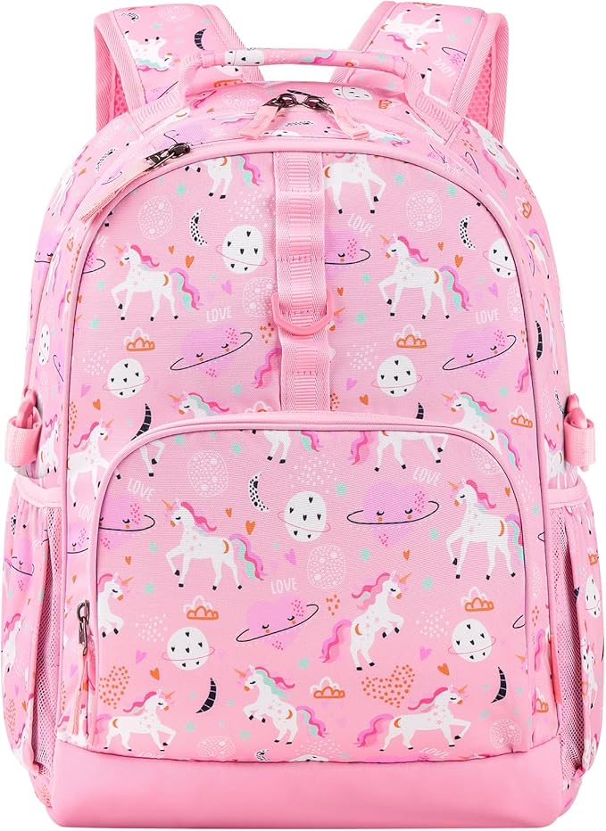 Choco Mocha Unicorn Backpack for Girls, Elementary School Backpack for Girls Ages 6-8 Kids Kindergarten Backpack Bookbag 17 Inch with Chest Strap, Pink