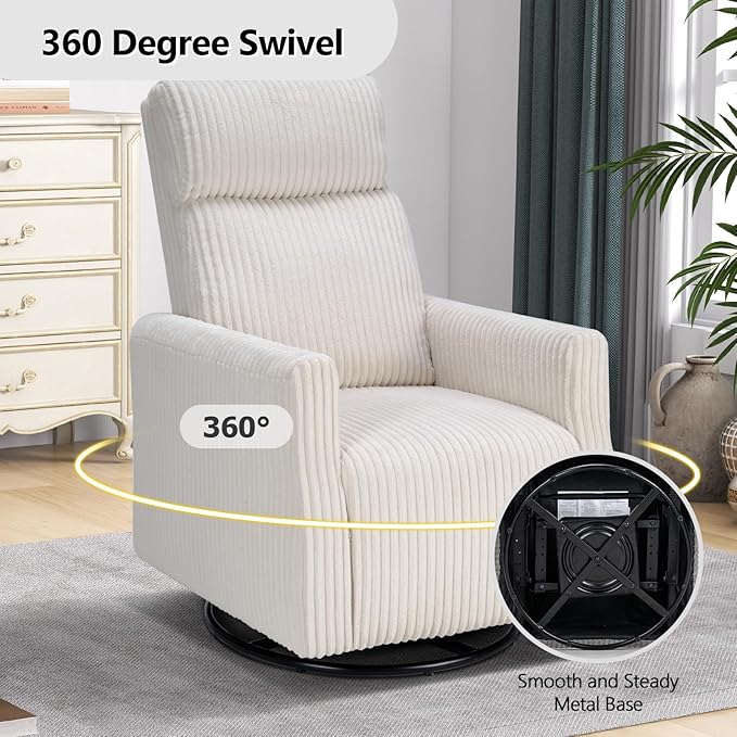 CANMOV Swivel Rocker Chair for Nursery, Swivel Accent Chair with High Back and Arms, Corduroy Glider Chair for Living Room Bedroom Nursery, Beige
