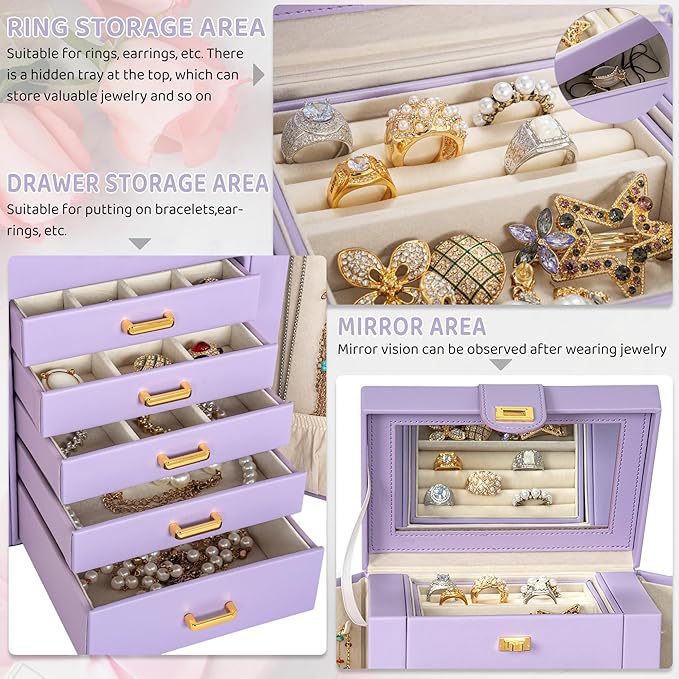 AKOZLIN Jewelry Box Organizer Functional Leather Jewelry Storage Case for Women Girls Ring Necklace Earring Bracelet Holder Organizer with Mirror Purple