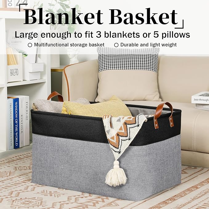 DULLEMELO Extra Large Storage Basket 22X15, 70L Foldable Fabric Toys Baskets Organizer Bins, Black&Grey