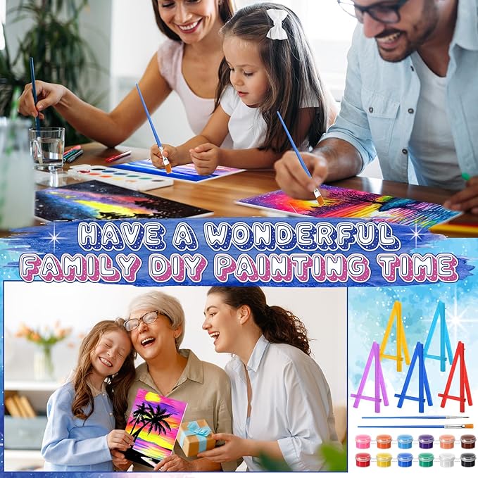 Blosssound 10 Set Pre Printed Canvas Pre Drawn Canvas Painting with Easel Kits 5" x 7" Outline Painting Panels for Beginners, DIY Craft Project, Party Favor, Home Decors(Dream Sky)