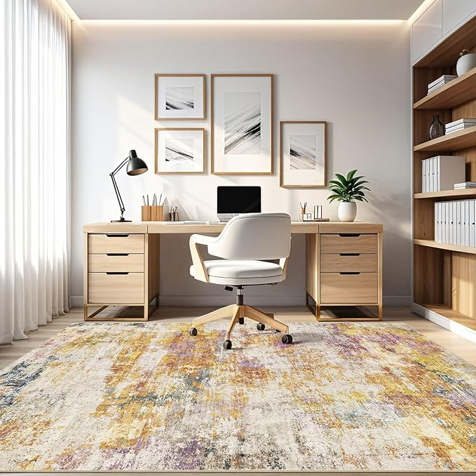 10x14 Area Rugs Living Room: Washable Large Abstract Modern Soft Stain Resistant Indoor Floor Rugs Non-Slip Accent Carpet for Bedroom Nursery Playroom Office Dining Room Dorm Home House- Gold Colorful