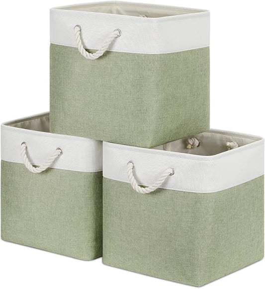 Bidtakay Cubby Storage Bins Set of 3 Fabric Baskets for Shelves Closet Drawer Organizer Storage Cubes 13x13 Collapsible Organization Baskets for Nursery Toy Shelf (White&green)