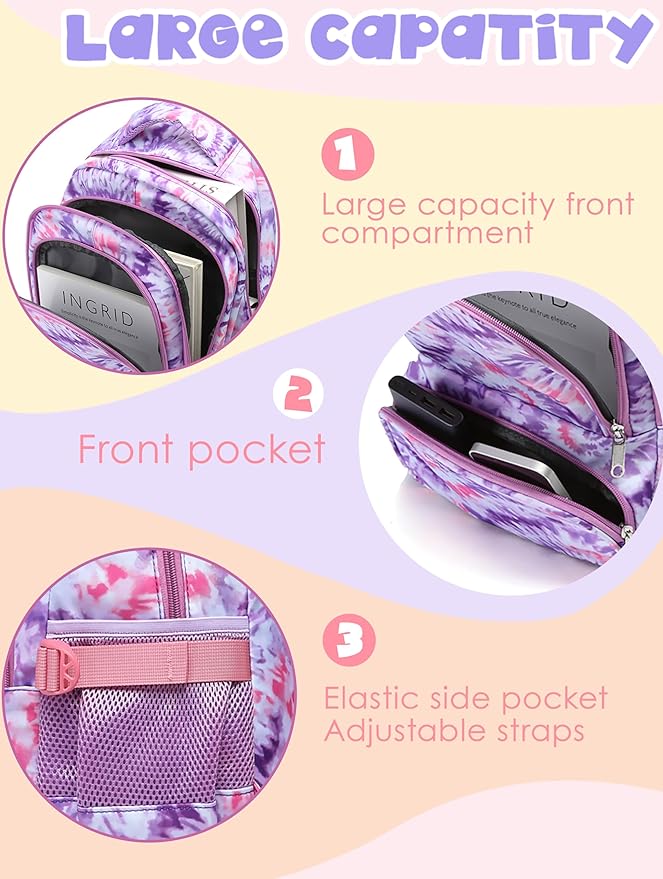 BLUEFAIRY Kids Backpack for Girls Elementary Primary Middle School Bag for Aged 8-10 for Teens Childs Bookbag Back to School Bag Mochilas Escolares para Niñas de 7 8 9 10 Tie-dye Purple